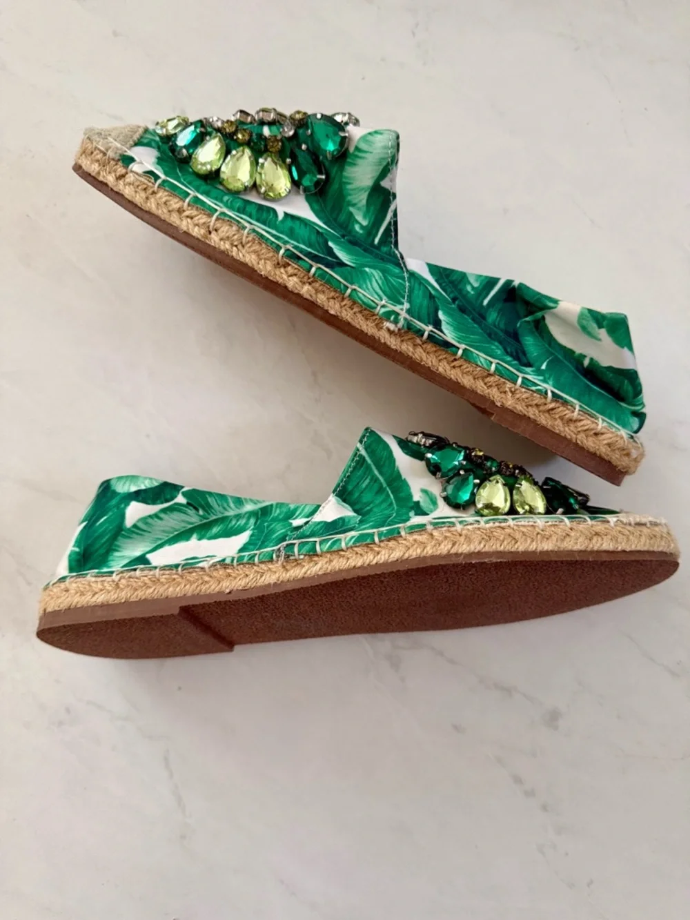 Green Chinese Laundry Palm Leaf Crystal Tropical Resort | Espadrille Flats NWOT